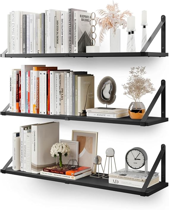 CASSA ZENO Wall Mounted Floating Book Shelves for Wall Set of 3, 80cm x 20cm Shelf Bookshelf for Bedroom Living Room Office Bathroom Kitchen Rustic Wood with Metal Bracket (Black)
