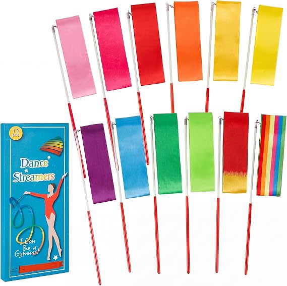 YGEOMER 12pcs Rainbow Gymnastics Dance Ribbon Wands | Twirling streamer batons, ideal for artistic dancing, talent shows, dance floor and party props