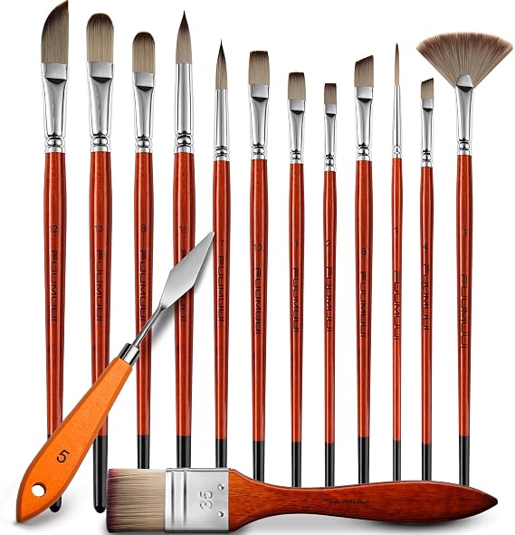14pcs Acrylic Paint Brushes, Professional Synthetic Bristles Paint Brush Set with Extra Palette Knife - Flat, Filbert, Fan, Dagger, Round, Angle, Rigger Paint Brushes for Oil, Acrylic Canvas Paintings