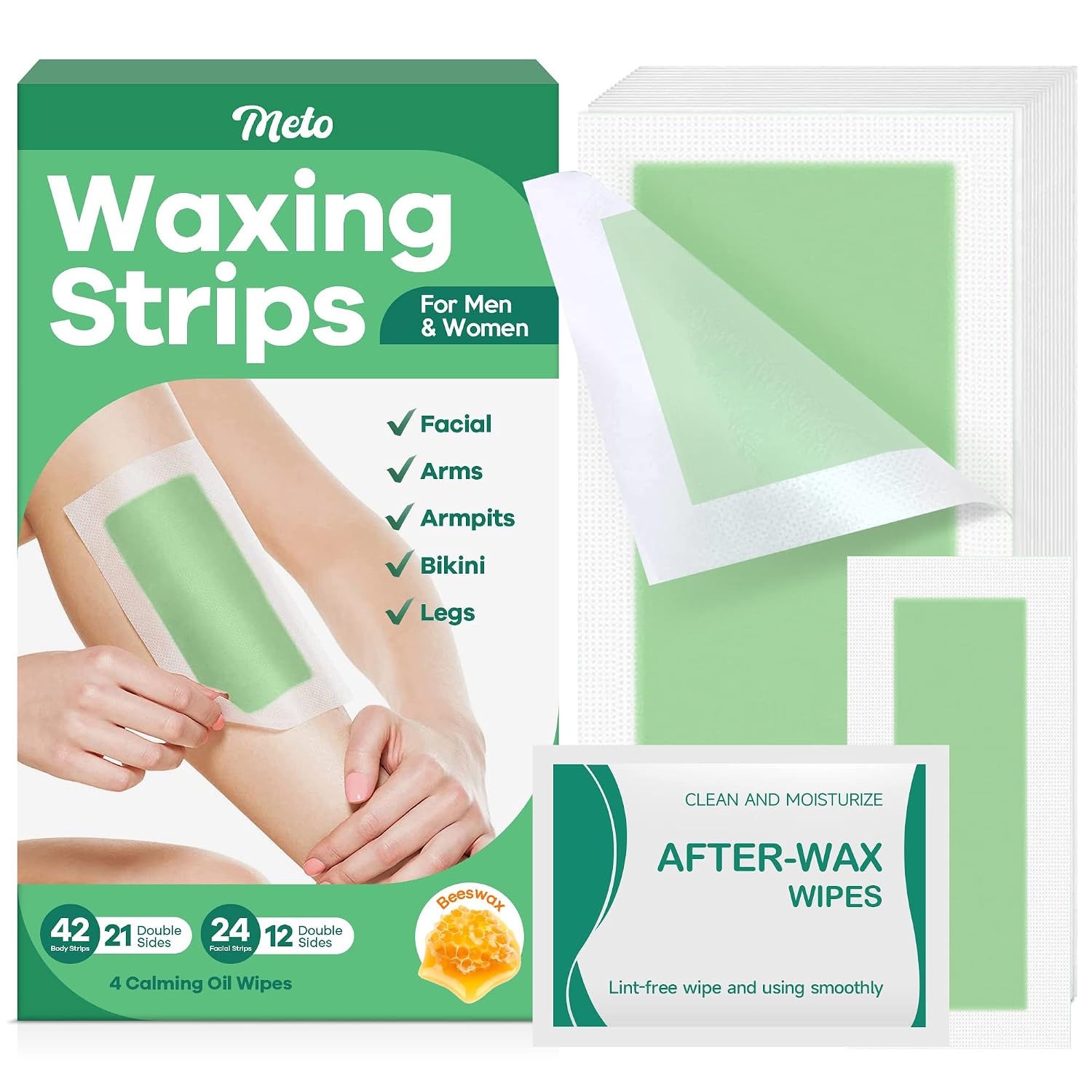 Meto Wax Strips 70 Count, Facial Wax Strips, Waxing Strips for Men & Women, Wax Strips for Face & Body, Wax Strips for Hair Removal, 42 Body Wax Strips  24 Face Wax Strips  4 Calming Oil Wipes