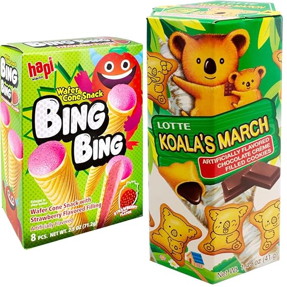 Hapi Bing Bing Cone Snack with Strawberry Filling 2.5 oz & Lotte Koala's March Chocolate Cream Cookie 1.45 oz Snack Bundle