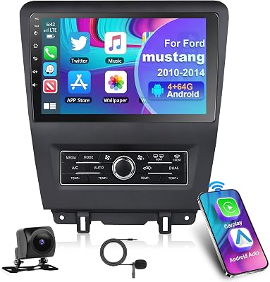 PodofoUpgrade 4G64G Car Stereo for Ford Mustang Radio 2010 2011 2012 2013 2014 with Carplay Android Auto,10 Inch Touchscreen Car Radio with BluetoothGPSWiFiSWCFM&RDS RadioAHD Backup CameraMIC