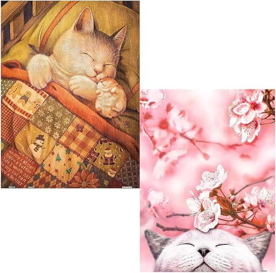 Pintoo Two Plastic Jigsaw Puzzles Bundle - 300 Piece - Phoenix Chan - Fall Asleep and 300 Piece - Cherry Blossom - Sakura Cat [H2429+H2462]