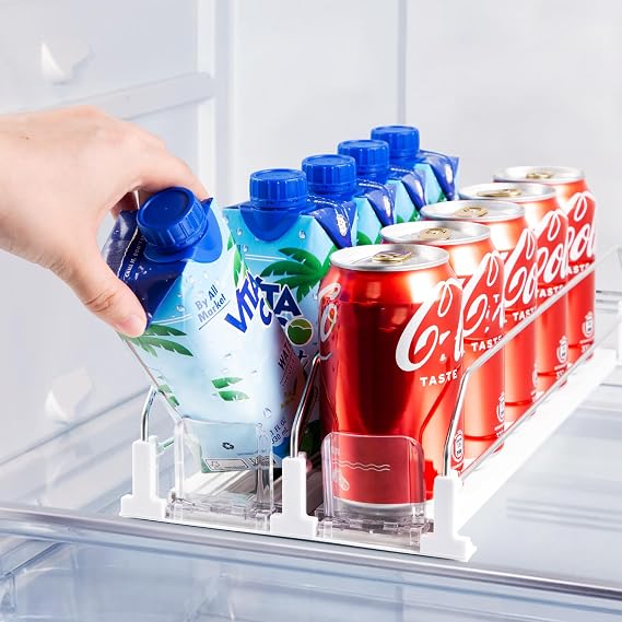 Coanto Drink Organizer for Fridge, Soda Can Organizer for Refrigerator with Automatic Pusher Glide, Adjustable Width Drink Dispenser for Fridge, Holds up to 10 Cans or Bottles, 2 Row