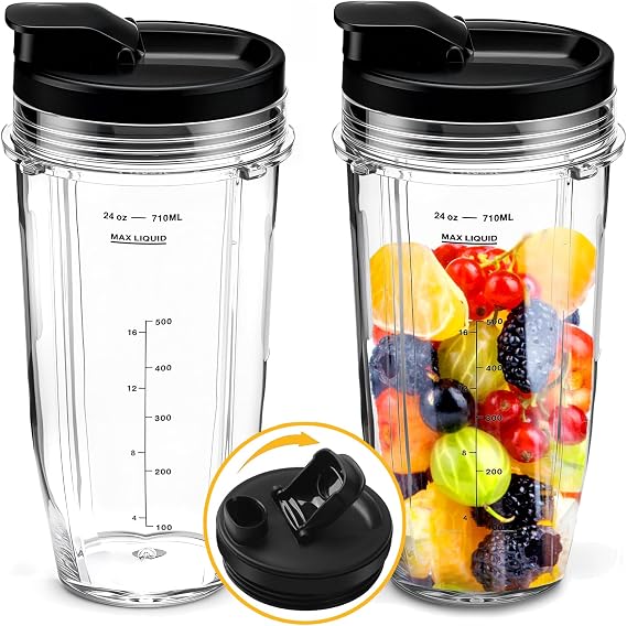2Pcs Replacement 24oz Blender Cup with Sip & Seal Lid Compatible with Nutri Ninja BL450 BL456 BL480 BL482 BL640 BL642 BL682 BN401 BN751 BN801 Foodi SS101 SS151 SS351 SS401 Ninja Auto IQ Series Blender