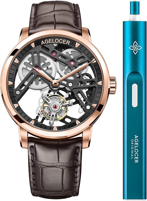 AGELOCER Men's Double-Sided Hollow Tourbillon Hand-Operated Mechanical Leather Wristwatch