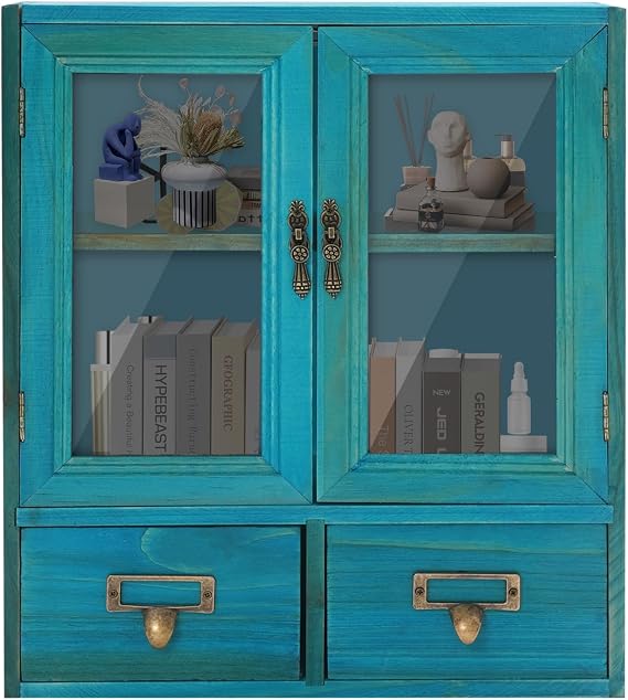 Rustic Vintage Mini Pine Counter Top Cabinet,Display Case with Doors & 2 Drawers Victoria Display Cupboard for Kitchen, Pantry and Countertop Organization,12" L x 4.7" W x 14" H (Blue)