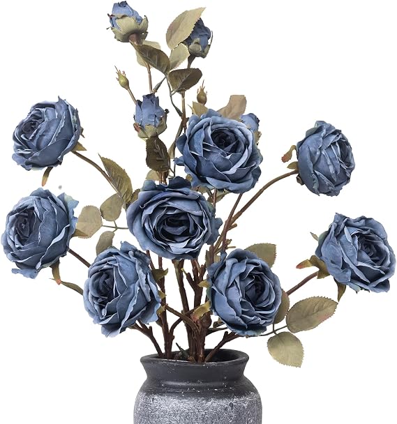 LFF 12 Blooms Dusty Blue Roses Artificial Flowers, 4Pcs Vintage Faux Silk Roses Bouquet with Long Stems,Fake Dried Flowers for Vase Filler Indoor Home Table Centerpiece, Weddings, Parties Decor