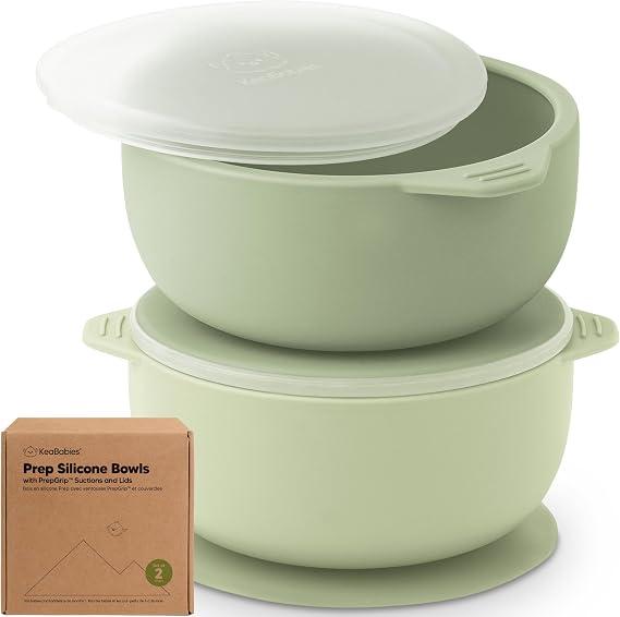 KeaBabies 2-Pack Baby Bowls with Suctions, Lids, BPA-Free Silicone (Sage)