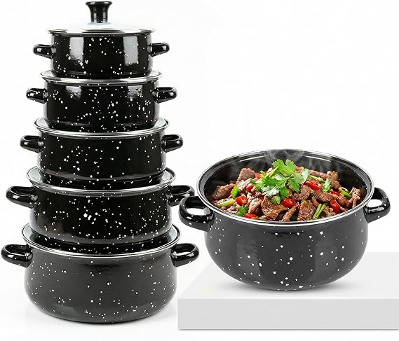 5-Piece Enamel Cookware Set,Stock Pot Set with Glass Lids,16/18/20/22/24cm | Non-Toxic Enamelware Pots,for Induction,Gas,Electric,Easy Clean,Stew & Sauce Pan Set for Family Kitchen,Black(1.1L-4L)