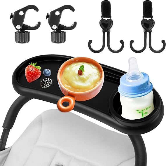 Stroller Snack Tray with Cup Holder Universal Stroller Food Tray Removable, Non-Slip Grip Clip for Stroller Bar Reusable Stroller Snacks Holder for Strollers with Round Armrests