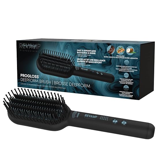 REVAMP Revamp Progloss Deepform Ceramic Straightener Brush Ionic Anti-Frizz Straightening Brush Ceramic Infused with Progloss Oils for Frizz-Free Shine Auto-Off & 9 Swivel Cord, Black (BR-2000)