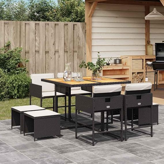 Garten Esstischgruppe 8 Personen Klappbar Schwarz Poly Rattan Outdoor Gartentisch Set mit Stuhlen fur Terrasse Balkon Gartenmobel Essgruppe