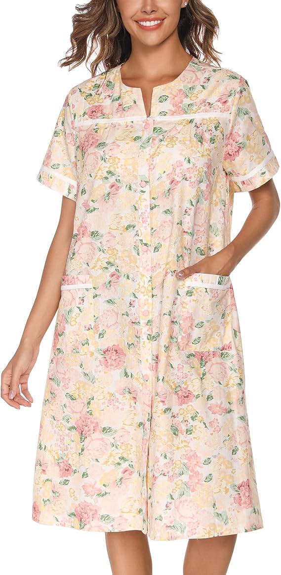 YOZLY Cotton Button Front Nightdress with Pockets