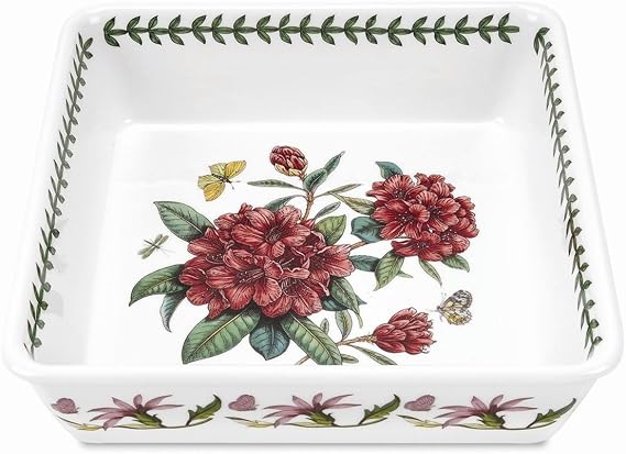 Portmeirion Botanic Garden 10" Square Baking Dish, Rhododendron Motif - Durable Porcelain Baking Dish with Chip-Resistant Glaze, Dishwasher, Microwave, Freezer, Oven Safe - Stylish Serveware
