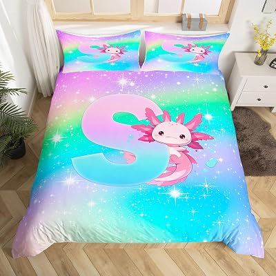 jejeloiu Kids Cute Axolotl Comforter Cover King Size, Personalized Initial S Bedding Set Boys Girls Alphabet Letters Duvet Cover Rainbow Monogrammed with 2 Pillow Case No Comforter