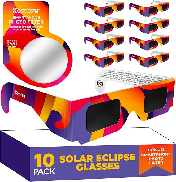 Solar Eclipse Glasses Approved 2026, (2 Pack) CE and ISO Certified Solar Eclipse Observation Glasses, Safe Shades for Direct Sun Viewing, Bonus Smartphone Photo Filter Lens, colorful wave design