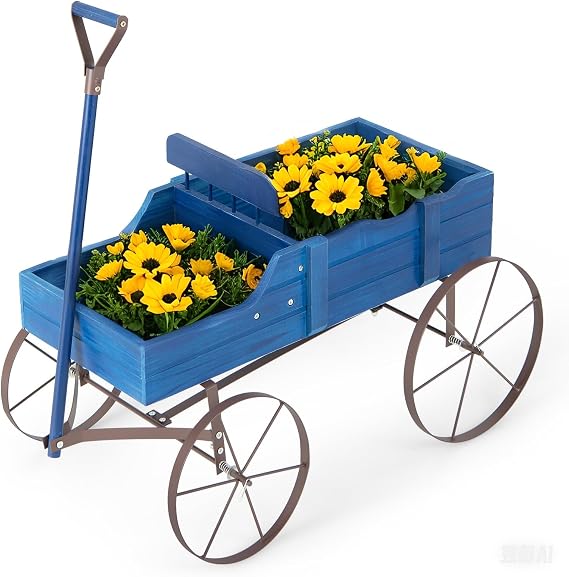DREAMADE Wooden Wagon Planter with Wheels, Indoor/Outdoor Flower Cart w/Dual-Compartment & Adjustable Handle, Decorative Garden Planter for Home, Yard, Wedding (Blue)