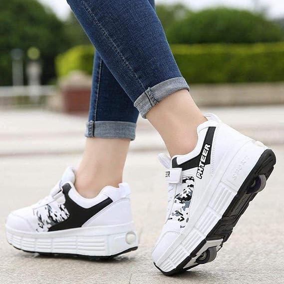 Roller Shoes Boy Girls Roller Skates Kids Skate Shoes Outdoor Gym Sneakers 2 In 1 Multipurpose Shoes Walking Shoes,White-34 EU