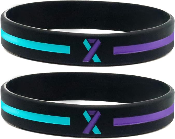 Teal and Purple Awareness Ribbon Wristbands (6-pack) - Silicone Rubber Support Bracelets for Suicide Prevention and Sexual Assault Awareness - Unisex Size for Men and Women