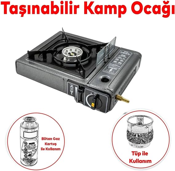 Taşınabilir Portatif Kamp Ocağı Tekli Tek Gözlü Kartuşlu Piknik Tüp Bağlantılı Gezi Ocak Gri Renk