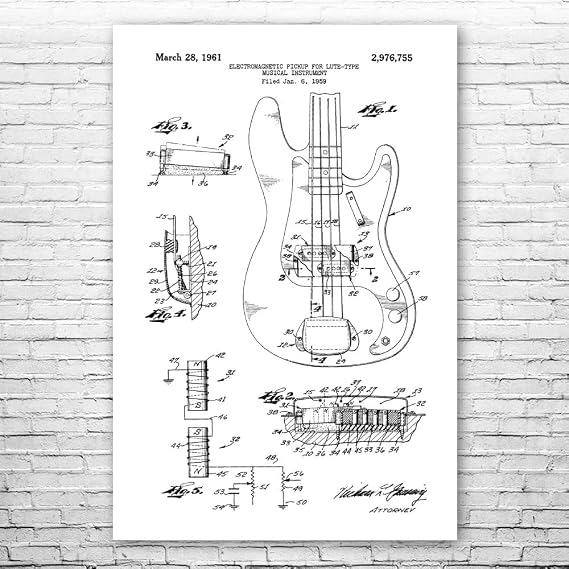 Bass Guitar Patent Print Poster (8x10) Guitar Wall Art, Man Cave Decor, Bass Player Gifts, Music Decor, Teacher Gifts, Classroom Decor