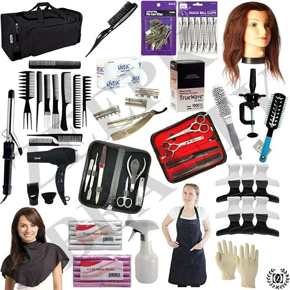 Professional 24 PCS Cosmetology Kit Hair School, Barbershop Beauty Salon Approved Use! 10 Piece Comb Set, Butterfly Clips, Flex Rods, Mannequin Head w/Stand! Hair Brushes! Neck Wraps!
