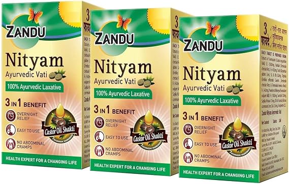 Zandu Ayurvedic Nityam Tablets | Made with 7 Ayurvedic Ingredients | Herbal Supplement for Bowel Movement | Helps in Body Detoxification & Nutrient Absorption | 30 Tabs (Pack of 3)
