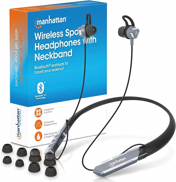 MANHATTAN Bluetooth 5.2 Wireless Neckband Headphones, 15H Playtime, Black