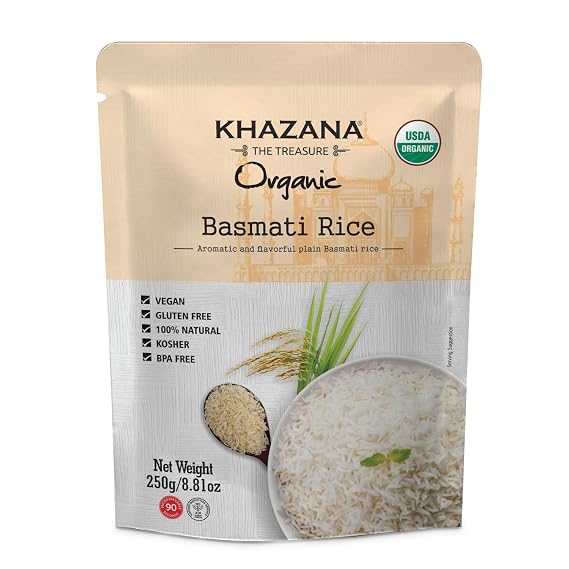 Khazana Organic Basmati Rice - Ready to Heat (1-Pack, 8.8oz) - Authentic, Aromatic & Flavorful Indian Grain - Non-GMO, Vegan, Gluten-Free, Kosher - Microwaveable Instant Rice in 90 Seconds