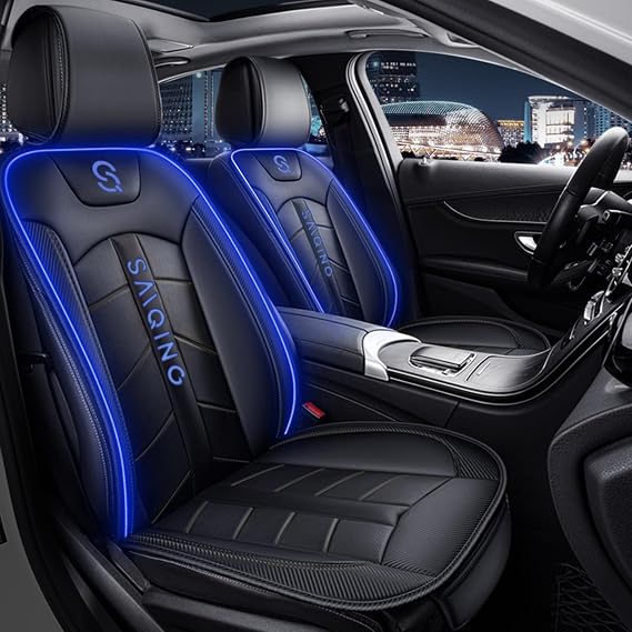 Car Seat Covers with Led Light, Universal Luxury Leather Front Seats Cushion with Backrest Led Car Light Seat Protectors RGB Sound-Activated Music Sync with Remote (Blue)