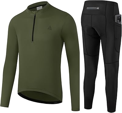 Mens Cycling Jersey 13 Zipper Cycling Set Solid Color Club Fit, Long Sleeeves Bike Jersey and Pants Zipper Pocket