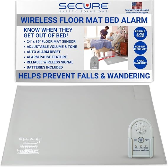 Secure Safety Solutions Wireless Floor Mat Bed Alarm for Elderly Adults | 24" x 36" Pressure Sensor & Remote Alert Monitor, Fall Prevention for Dementia Patients, Caregiver Alert System for Seniors