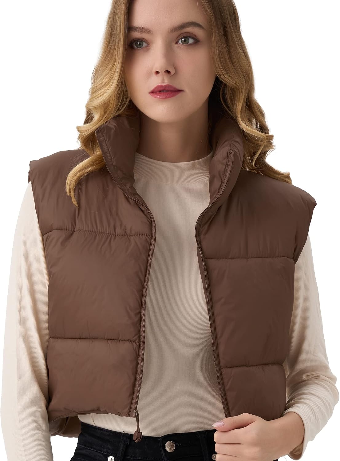 Womens Cropped Puffer Vest Lightweight Sleeveless Warm Vests For Women Winter Stand Collar Padded Gilet