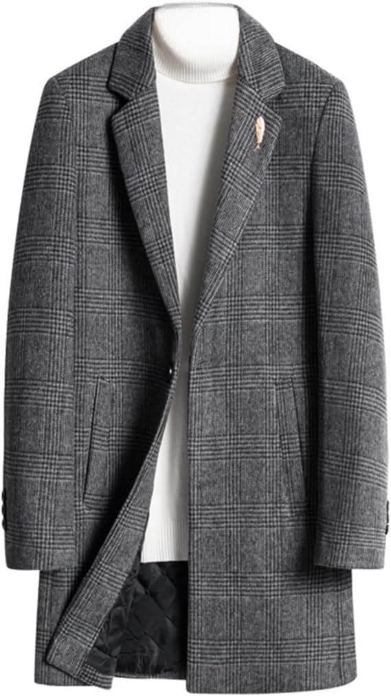 Men's Notched Collar Plaid Trench Coat Single Breasted Thermal Wool Blend Coat Formal Casual Pea Coat