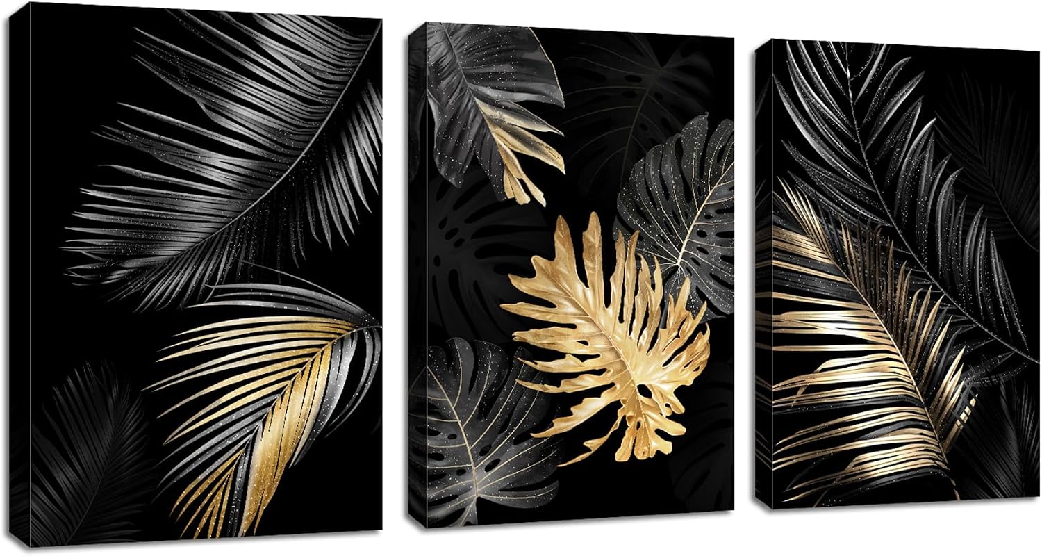 3 Panels Framed Canvas Wall Art Black Gold Tree Leaves Picture Printed Poster Botanical Tropical Monstera Plant Canvas Prints Wall Decor for Bedroom Living Room Bathroom Ready to Hang 30x40cmx3Pcs