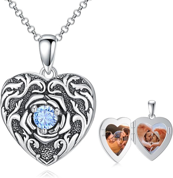 Locket Necklace for Women 925 Sterling Silver Heart Rose Flower/Compass/Pet Photo Locket Necklace that Hold Pictures