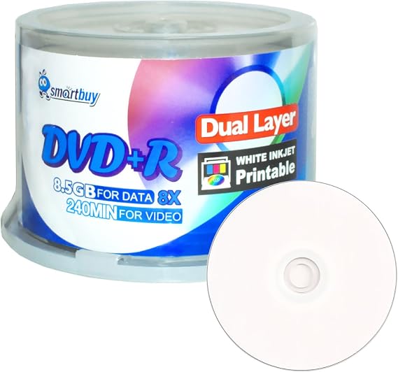 Smartbuy 50-disc 8.5gb 8X DVD+r Dl White Inkjet Hub Printable Blank Disc | Hold Roughly 240 mins of Data, Dual Layer, Double Layer, Full White Surface for Inkjet Printer, Video Data Music Media Disc