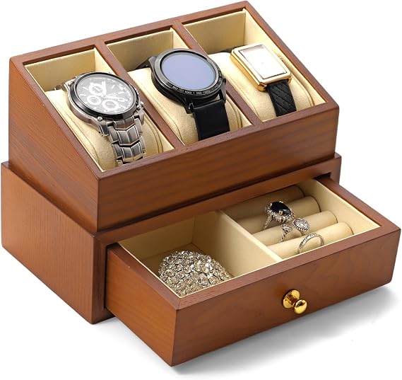 Solid Wood 3-Slot Watch Display Case with Acrylic Lid & Drawer