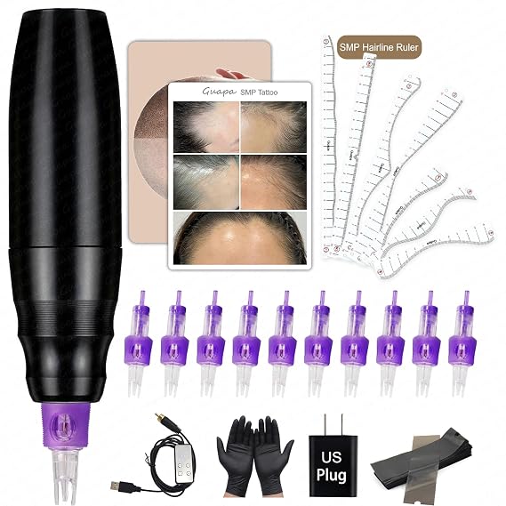 Guapa Professional SMP & Hairline Training Kit: Adjustable Scalp Tattoo Pen, Male & Female Practice Skins, Hairline Ruler, SMP Needles & Accessories. (SMP Scalp kit 1)