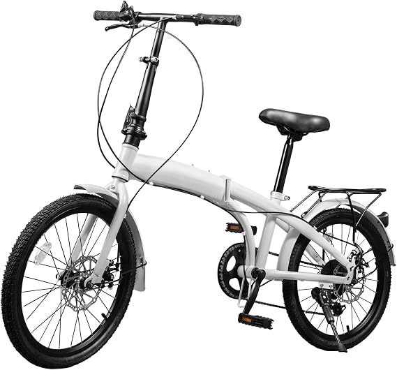20-Inch Folding Bike, Foldable Bike for Adults Adjustable Seat Height & Elevable Handlebars Store in The Trunk 7-Gear Transmission Front and Rear Disc Brakes for Traveling