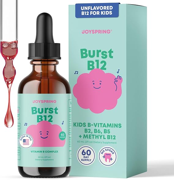 JoySpring Burst B12 Kids B Complex Drops, Flavorless, 60 Servings | Methyl B form with B2, B5 and B6, supports energy and healthy growth, sugar-free liquid, gentle daily use