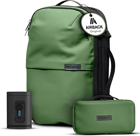 Airback Vacuum Backpack with Pump - 22-48L, Incl.Toiletry Bag, Vacuum Compression Backpack, Cabin Bag, Lightweight and Expandable Travel Vacuum Bags, Comfortable and Water-Resistant, Green