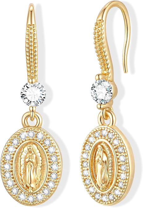 Gold Virgin Mary Dangle Earrings - 14k Gold Plated Long Drop Earring,Hypoallergenic Cubic Zirconia Golden Religious Ear Rings,Non Tarnish Virgen De Guadalupe Jewelry,Catholic Gifts for Women