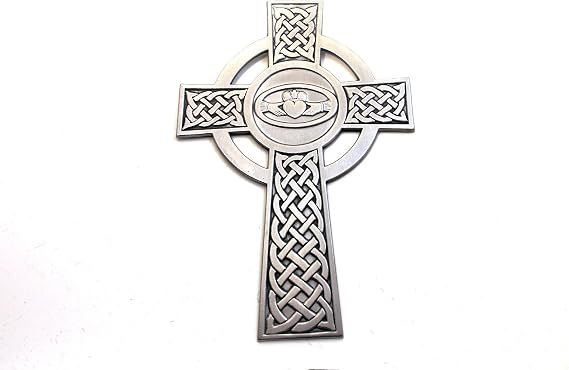 Claddagh & Celtic Cross Wall Hanging Brushed Pewter Finish