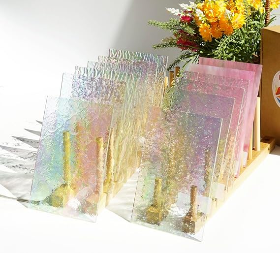 Lanyani 12 Sheets Iridescent Clear Textured Stained Glass Sheets for Crafts, 4x6 inch Cathedral Art Glass Packs for Mosaic Work
