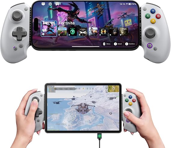 abxylute S9 Full-Size Gaming Phone Controller for iPhone 15/16, iPad Mini 6/7 and Android Phone Tablet, Bluetooth and Type-C Mobile Gamepad with App, for Roblox, Hall Joystick &Trigger (grey)