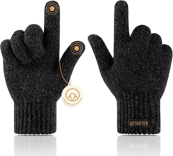 Winter Wool Gloves for Men Warm Knitted Touchscreen Cold Weather Gloves for Running Driving