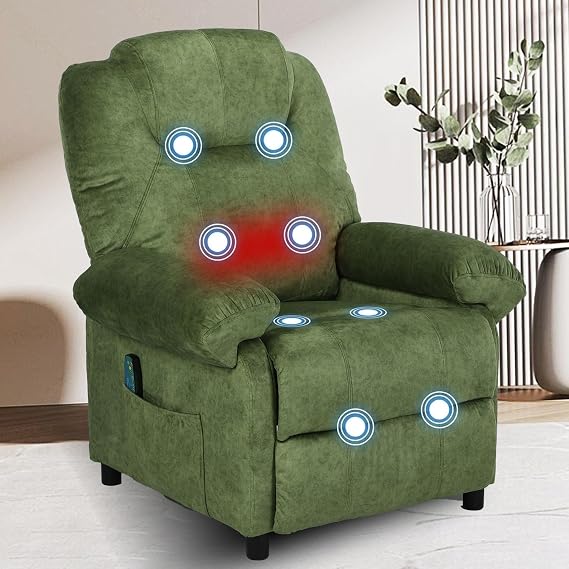 Overstuffed Push Back Recliner Chair for Living Room, Mid Century Fabric Heated Massaging Reclining Chair Small Recliner Chair with Heat and Massage, Green