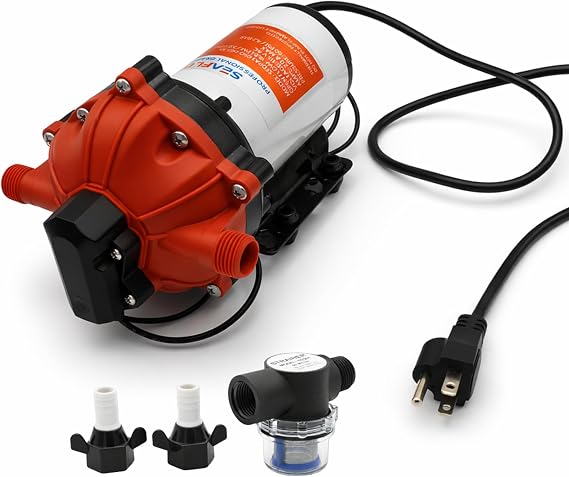 SEAFLO 55 Series 115V AC Automatic Demand Diaphragm Pump 5.0 GPM, 60 PSI, 5-Chamber Self-Priming Water Pump w/Power Plug for Outlet, RV, Marine & Off-Grid Water Systems,